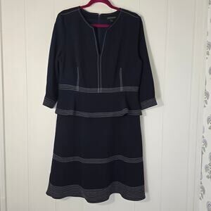 Banana Republic Navy Peplum Dress Contrast Stitch 3/4 Sleeve Size 14